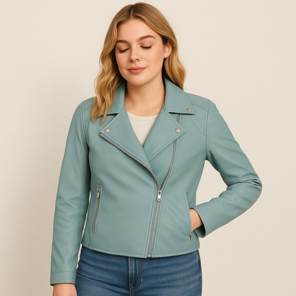Hollister Blue Faux Leather Moto Jacket L Asymmetrical Zip Notched Collar Vegan